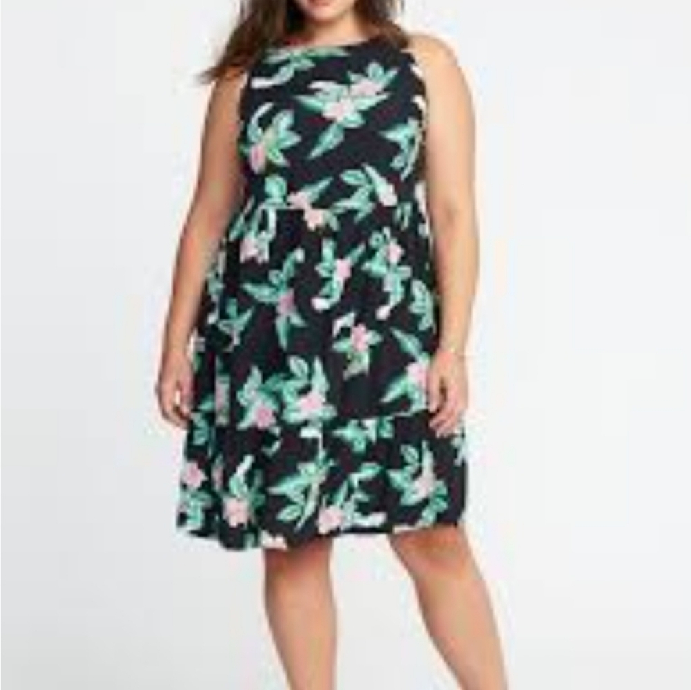 OLD NAVY Black/Pink Tropical Floral Sleeveless Tank Midi Dress L Summer Vaca